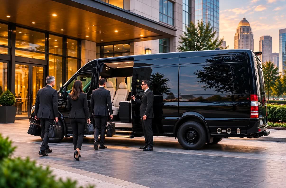 Corporate travelers with a luxury Mercedes-Benz Sprinter